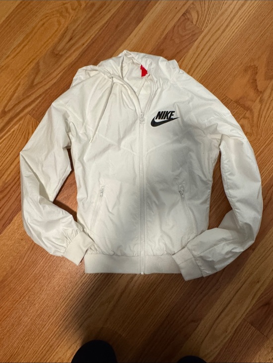 Nike Jackets & Blazers - Nike White Women's Hooded Bomber Jacket with Black Logo